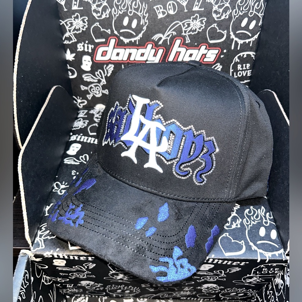 DANDY HATS x JUNIOR H ÁNGEL AZUL Hat Deluxe Black and Blue Embroidered Cap LA